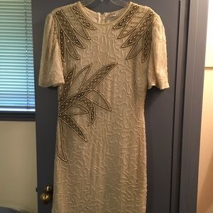 Beautiful beaded white dress w silver leaf accent
